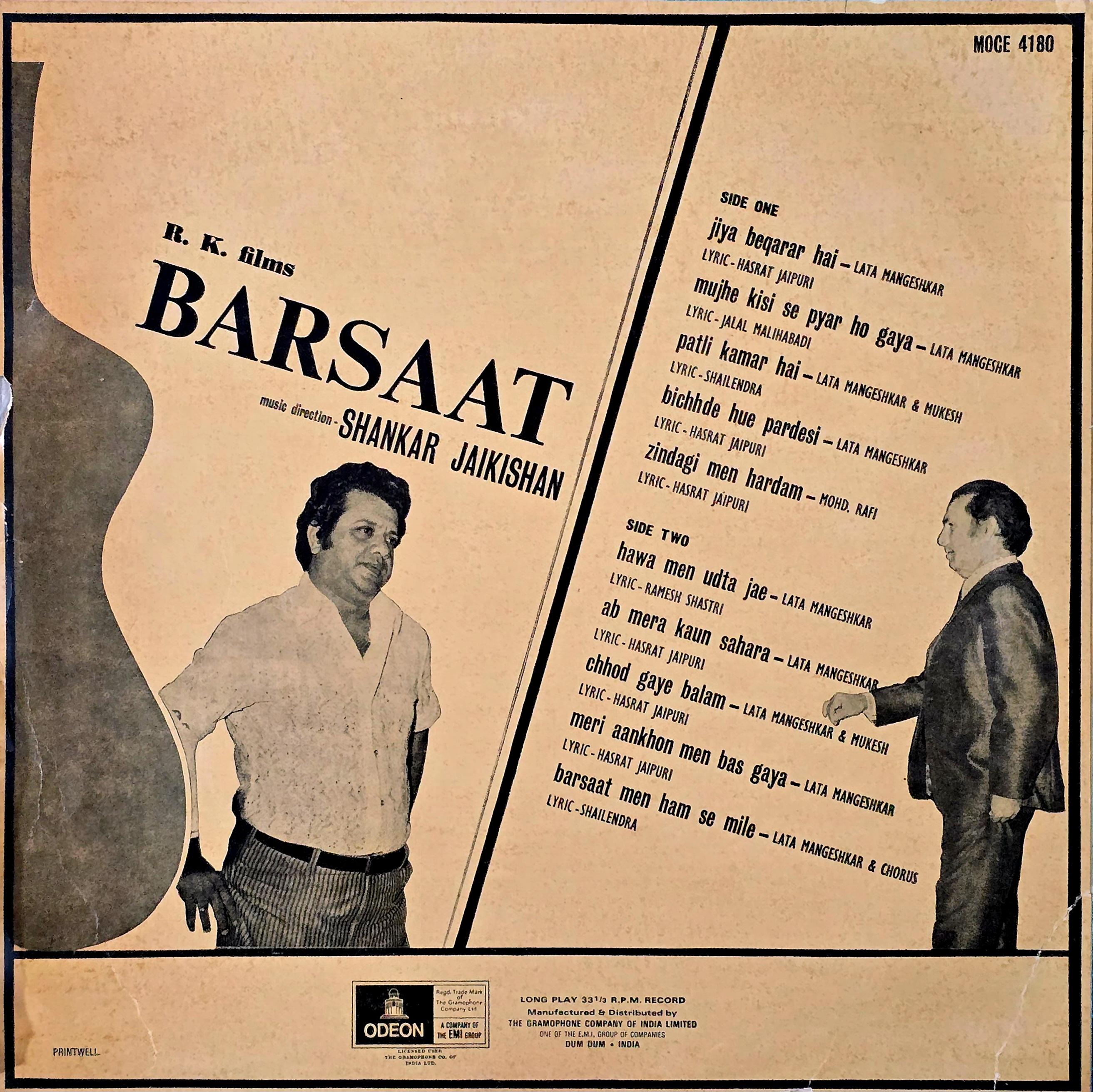 BARSAAT - VINYK RECORD ( ODEON / MINT / REPRINT COVER ) MOCE 4180 alt