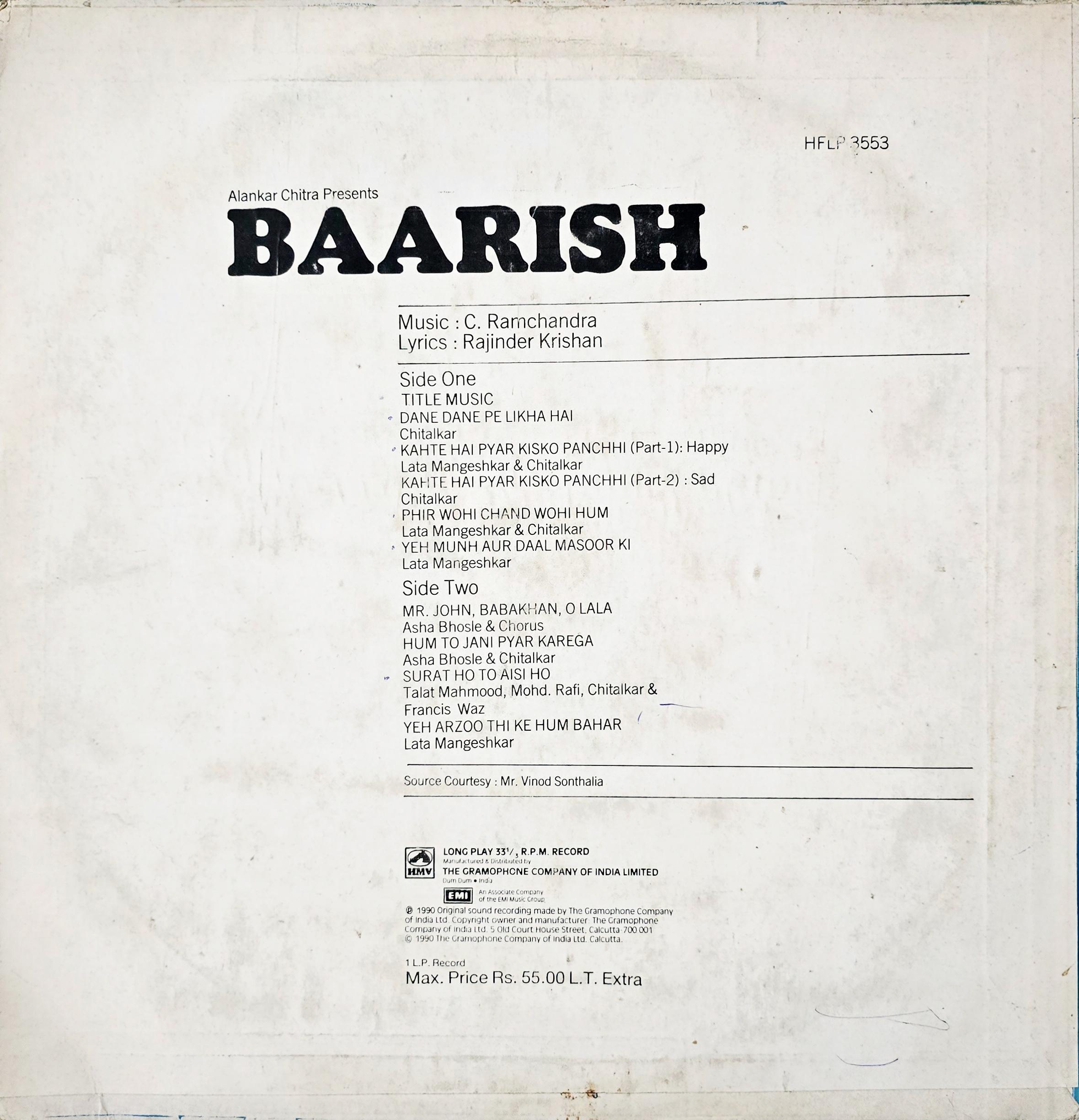 BAARISH - LP RECORD ( HMV / MINT ) HFLP 3553 alt