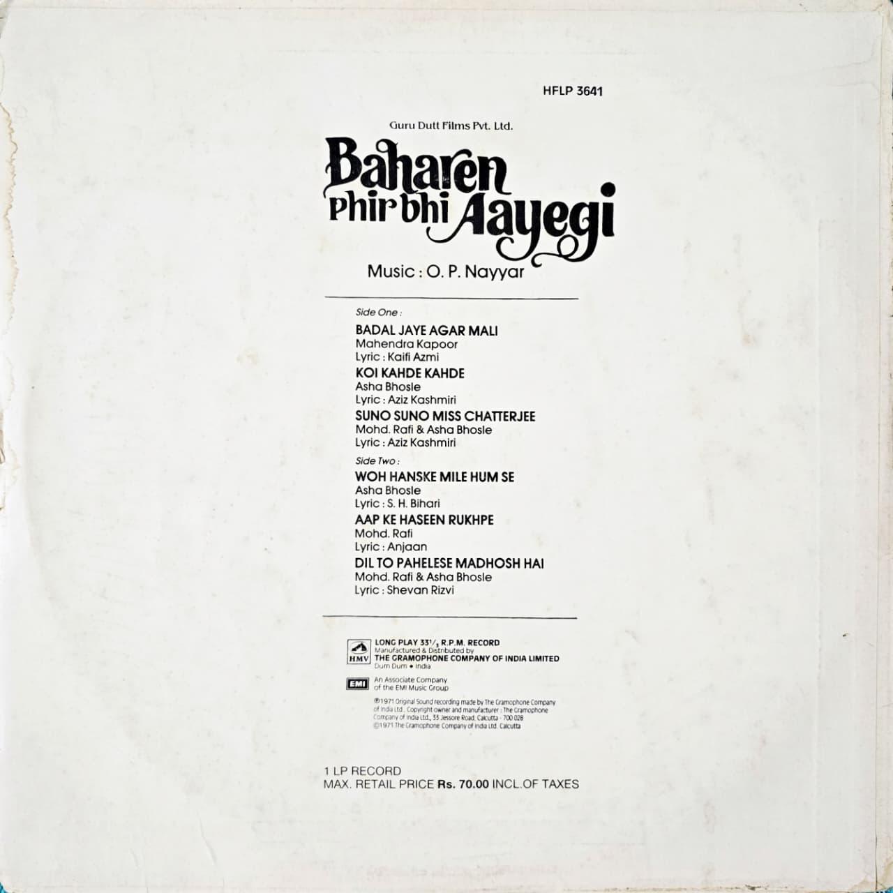 BAHAREN PHIR BHI AAYEGI - LP RECORD ( HMV / 95% ) HFLP 3641 alt