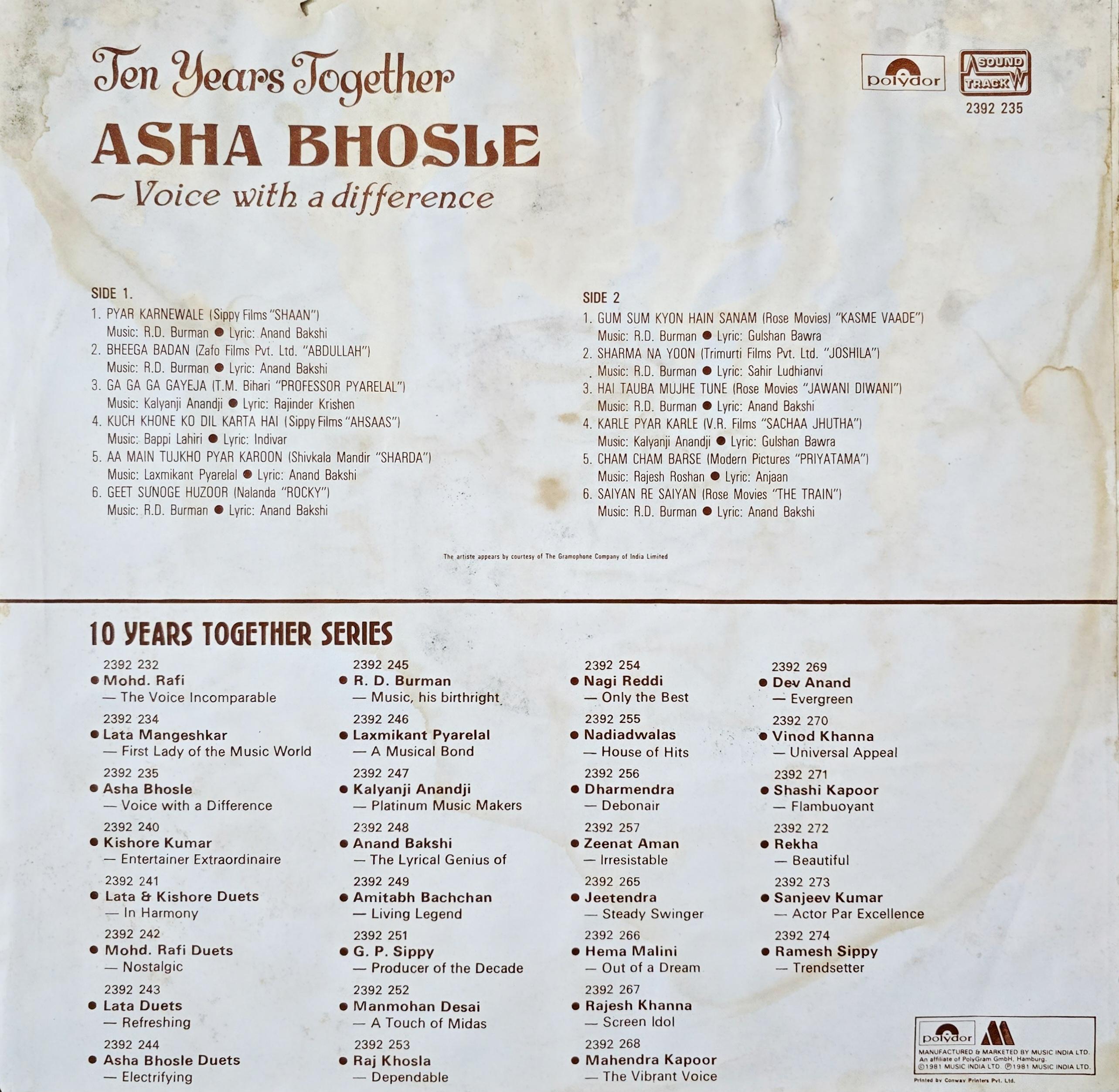 ASHA BHOSLE : VOICE WITH A DIFFERENCE - LP RECORD ( POLYDOR / NEAR MINT ) 2392 235 alt
