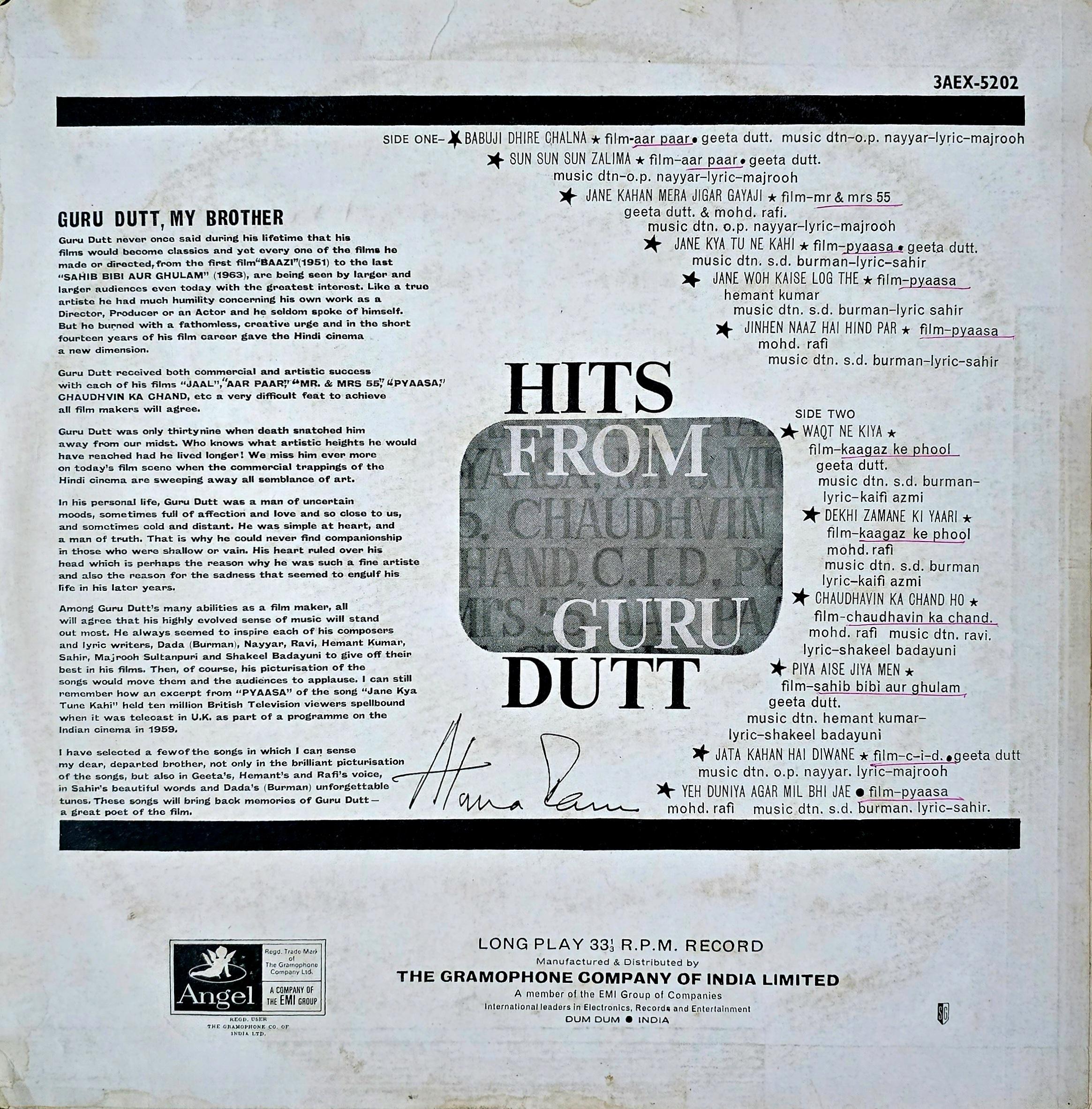 HITS FROM GURU DUTT - LP RECORD ( ODEON / MINT ) 3AEX 5202 alt