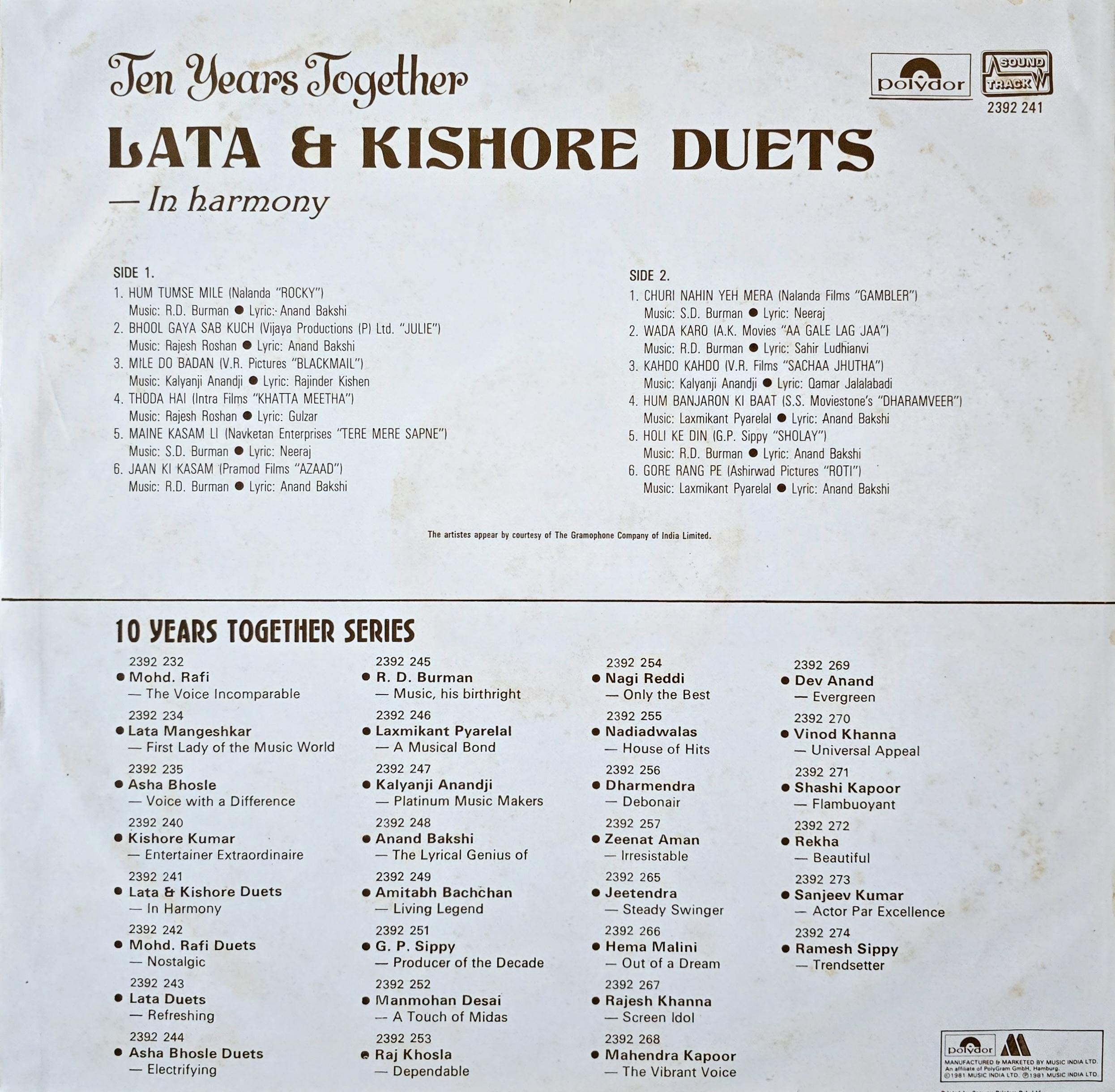 LATA AND KISHORE DUETS : IN HARMONY - LP RECORD ( POLYDOR / 95% ) 2392 241 alt