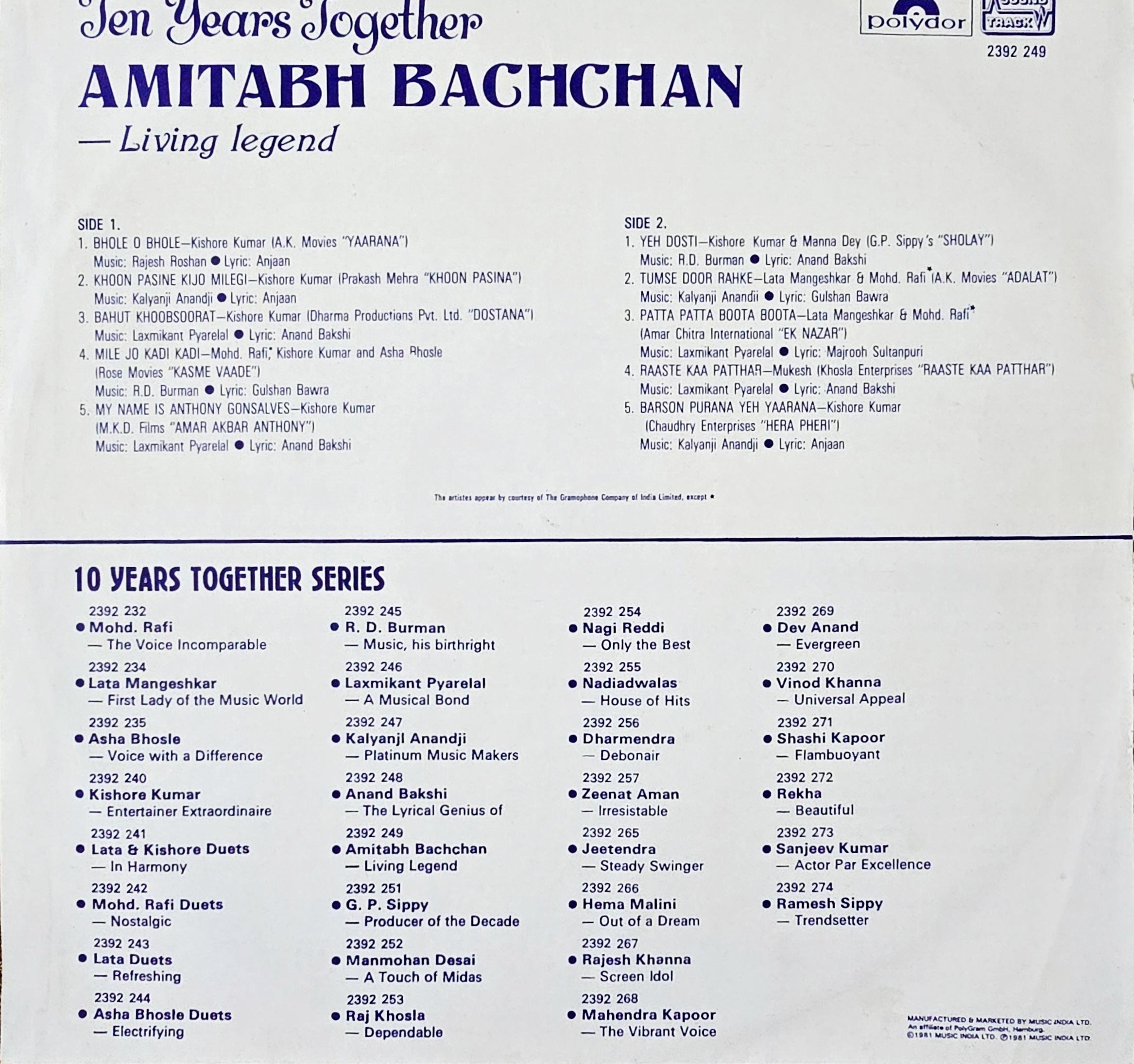 LIVING LEGEND : AMITABH BACHCHAN - LP RECORD ( POLYDOR / MINT ) 2392 249 alt