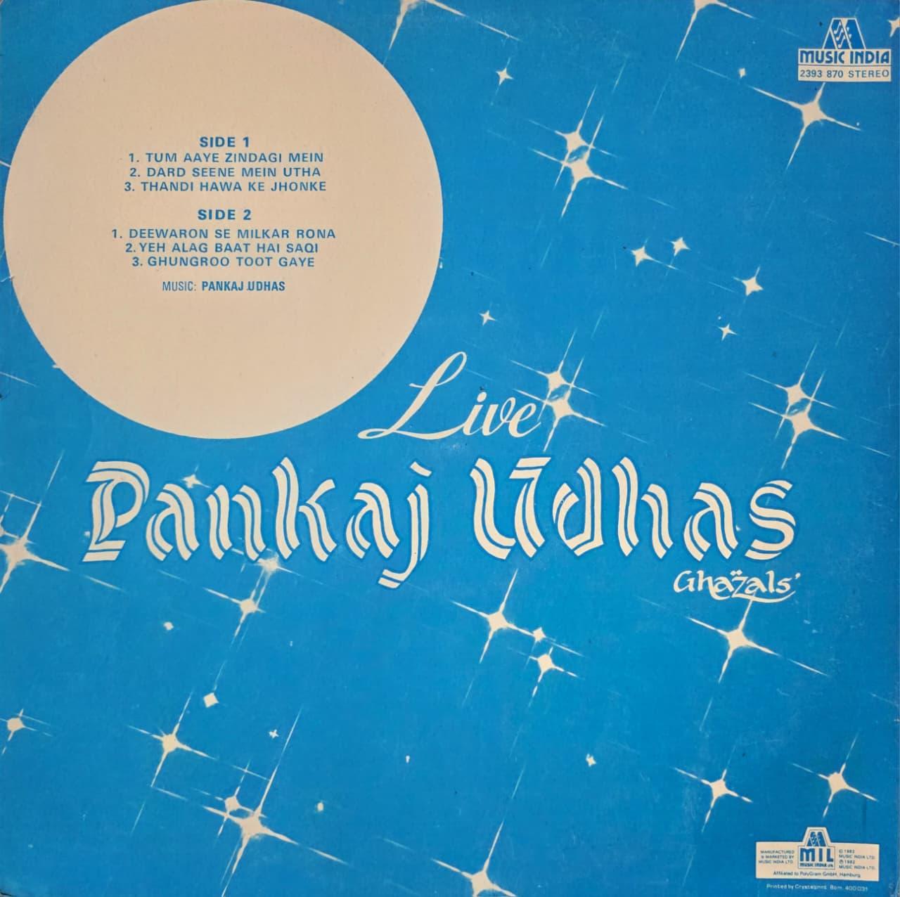 LIVE PANKAJ UDHAS GHAZALS - LP RECORD ( MUSIC INDIA / NEAR MINT ) 2393 870 alt